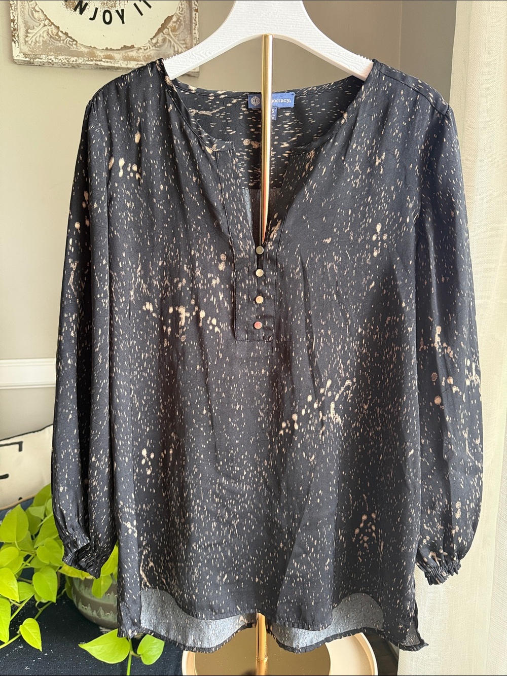 Democracy Black Sheer Blouse with Beige/gold Splatter